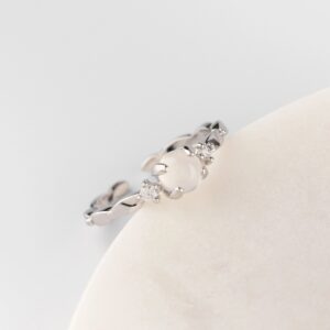 A silver ring with a stone on a white background. jewelry catalog.